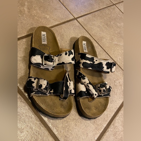 Myra Hair on Cowhide Flat Sandals - Picture 1 of 5